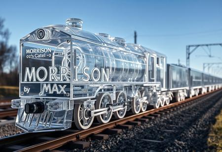 “A train made entirely of transparent crystal, with a prismatic, refractive exterior that catches and splits the light, travels along a railway. The lead car of the train bears the inscription ‘MORRISON’ in bold, etched letters, integrated into its crystalline surface. Following closely behind is another car with the inscription ‘by Max,’ also crafted from the same transparent crystal, gleaming with subtle rainbows in the light. Captured with Panavision Prime Aspherical cinema lenses, the surreal train moves along the tracks, creating a mesmerizing spectacle as light dances through the clear crystal, transforming it into a radiant, almost ethereal locomotive.”