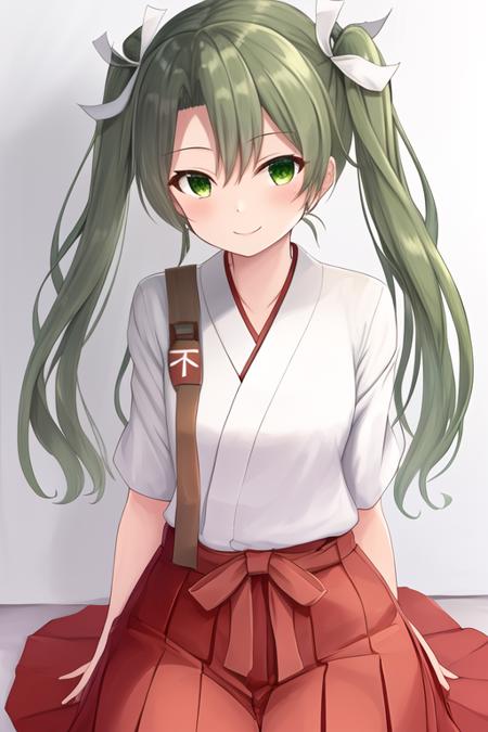 masterpiece, best quality, highres, solo, {zuikaku_kantaicollection:1.10}, long_hair, twintails, ribbon, hair_ribbon, green_hair, green_eyes, smile, white_ribbon, muneate