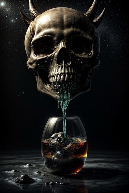 A close-up photorealistic image of a crystal-like floating skull facing dynamic view with its mouth open, pouring from it's mouth a shimmering liquid resembling the universe onto the ground, filled with rich stars and swirling galaxies. A simple void background enhances the dark atmosphere, shrouded in fog, capturing the hypnotic flow and shimmer of the cosmic liquid, evil demon, horns,