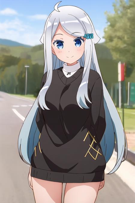 <lora:nayuta_kani-10:1>, nayuta_kani, 1girl, solo, long hair,  blue eyes, hair ornament, long sleeves, dress, jewelry, ahoge, grey hair, socks, sweater, scrunchie, hair flaps, hair scrunchie, blue scrunchie, looking at viewer, outdoors, smile, arms behind back, cowboy shot,