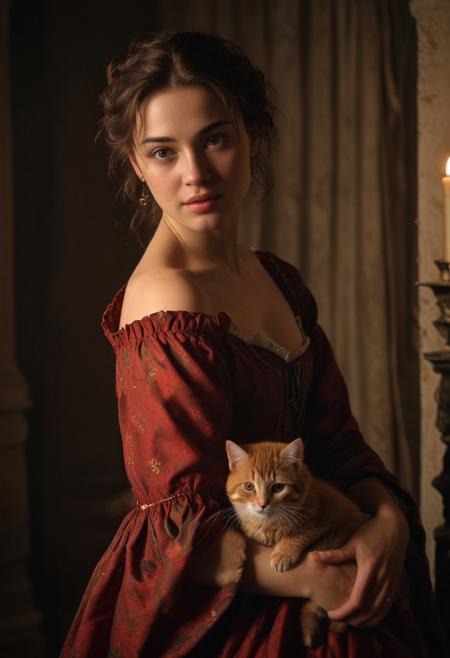 (((masterpiece, perfect Caravaggio's closeup portrait of a very beautiful girl, subtle smiling, with light skin imperfections and some freckles))). She's petting a cute red kitten on her laps. Inside an ancient noble Roman house of 1700 with rich furniture and curtains. Twilight warm and calm atmosphere. Precious warm colored fabrics for her elegant outfit.
Wide angle lens, ((low angle shot)), ((full figure shot)), perfectly detailed scene, extreme realism.
((Carachters illuminated only by warm soft candle light, dark shadows)), artistic framing, low saturation, low contrast, ((soft focus)).