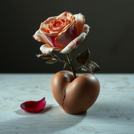 high-resolution digital artwork featuring a single dead rose, its colour bleached out with age, its leaves dry and brown, its stem wilted, It stands in a clay, heart shaped cracked vase, the vase has a large crack. a single red petal lies on the table next to it,