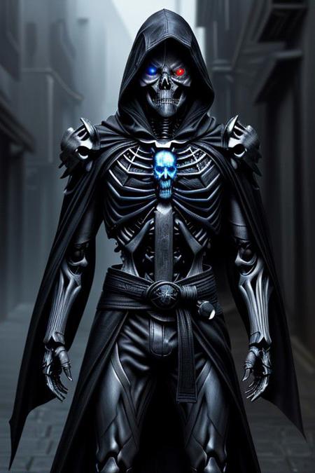 (masterpiece:1.2), best quality, high resolution, perfect lighting, extremely detailed, (Terminator assasin),  battle scared white and black carbon armor,  Wearing a dark cloak with hood, skull face just visable under hood, (very dim light blue eyes, eyes very dim blue glow), (full_armor fitted like a skeleton ribs design), humanoid, Metal Human skull head, (extreme detailed micro mechcanical scary Metal human skull design). Samurai sword shinning silver, Runes decorative embossments over his cloak, slim muscular body fast agile and stealthy, background a dark back street with subtle lighting and shadows, facing viewer, solo,