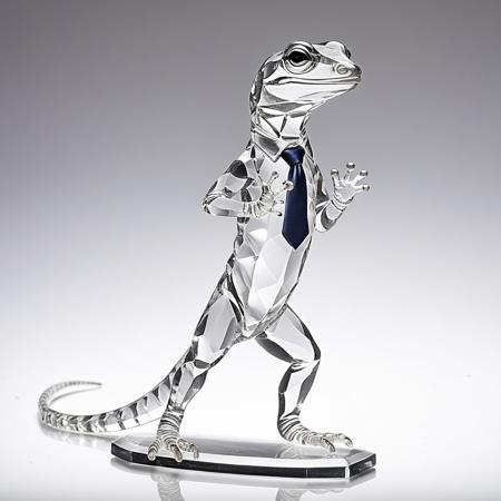 High-resolution image of a crystal figurine depicting an anthropomorphic gecko in a finely detailed business suit. The entire figurine is crafted from clear, faceted crystal, with sharp edges and smooth surfaces that reflect and refract light beautifully. The gecko stands in a confident pose, perhaps holding a briefcase or adjusting its tie, capturing a sense of professionalism. The suit features subtle etched details, adding texture and realism to the crystal sculpture. The background is a soft, neutral gradient to focus attention on the figurine's intricate craftsmanship, with soft studio lighting creating sparkling highlights and delicate shadows. The style is photorealistic, emphasizing the crystal's clarity, light play, and the elegant balance of the figure, cs-cr1stal-v2