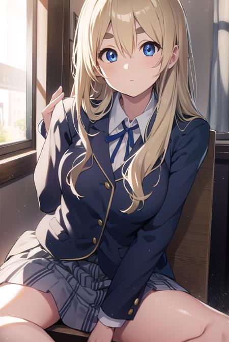 tsumugikotobuki, <lora:tsumugikotobukitest:1>,
tsumugi kotobuki, blonde hair, blue eyes, long hair, thick eyebrows, eyebrows,
BREAK sakuragaoka high school uniform, school uniform,
BREAK looking at viewer,
BREAK indoors, classroom,
BREAK <lora:GoodHands-vanilla:1>, (masterpiece:1.2), best quality, high resolution, unity 8k wallpaper, (illustration:0.8), (beautiful detailed eyes:1.6), extremely detailed face, perfect lighting, extremely detailed CG, (perfect hands, perfect anatomy),