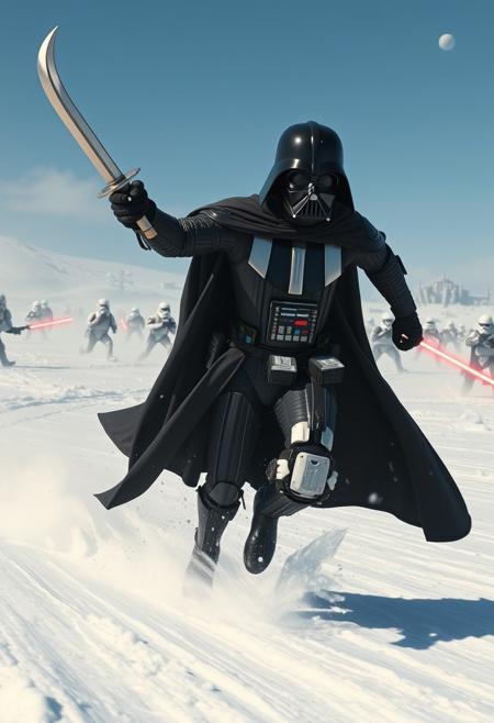 "Hyper-realistic depiction of Darth Vader, clad in iconic black armor, charging into battle on the back of a Stormtrooper, who is running at full sprint across the snowy terrain of Hoth. Vader holds a curved scimitar in one hand, its blade glinting in the icy light, as he grasps the Stormtrooper's shoulder with the other. Laser blasts from Rebel blasters zip past them, casting a flurry of snow and ice into the air as they narrowly miss their mark. The Stormtrooper's armor is battered and scarred, and Vader's mask glows with an intense, malevolent energy. The snowy landscape stretches out behind them, with the Rebel base visible in the distance. Style: extremely detailed, hyper-realistic, and cinematic, with a focus on capturing the textures, lighting, and dynamic energy of the scene."