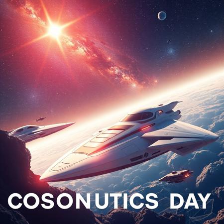 Create a vibrant and inspiring Cosmonautics Day image that reflects the future of cosmonautics. The foreground shows modern spaceships that look futuristic and sunny, with smooth lines and bright lights. Small ships are moving around them.
In the background, you can see a magnificent starry sky with a huge star and a galaxy. 
The lighting should be bright and optimistic, creating an atmosphere of hope and openness.