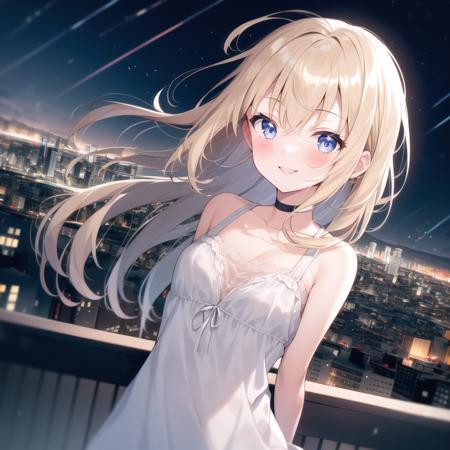 (high quality, best quality), 1girl, solo, smile, blush, arms_behind_back, city, night