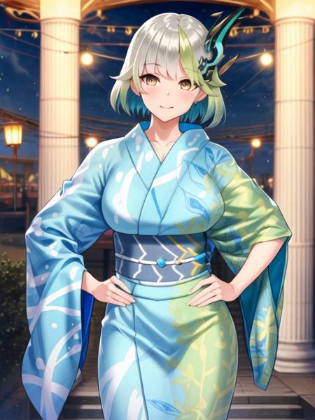 Nagareboshi_Aash,short hair, straight hair,hair ornament,green hair, grey hair, two-tone hair,blue kimono