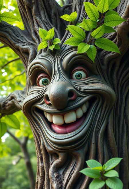 "Illustrate a vibrant, hyper-realistic image of a tree with a mouth, sporting a large, goofy smile that's straight out of a meme. The tree's face is a masterclass in doofiness, with a mouth that's a bit too big, eyes that are a bit too wide, and a nose that's a bit too... nonexistent. The bark is rough and gnarled, with intricate, swirling patterns that seem to shift and writhe like living wood. The leaves are a vibrant, electric green, with delicate, lacy textures that seem to glow with an inner light. The tree's expression is one of pure, unadulterated joy, as if it's just heard the most hilarious joke in the forest. The overall effect is one of absurd, meme-inspired humor, as if the tree has come to life and is now trolling the viewer with its ridiculous grin." highest-Quality, intricate details, visually stunning, Masterpiece