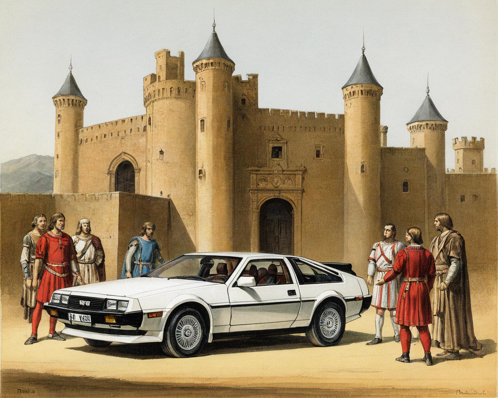 A painting of a group of people standing in front of a white car in front of a castle.