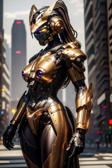 <lora:zzmckzz_v1:1>
masterpiece, highly detailed photorealistic 8k raw photo, volumetric lighting and shadows, best quality 
1girl in dark brown metallic mecha, glowing texture, (Balancing with arms outstretched:1.2)
clear and defined cyberpunk city background