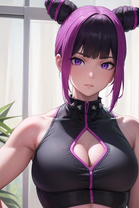 jurihan, <lyco:jurihan-lyco-nochekaiser:1>,
juri han, asymmetrical hair, black hair, (diagonal bangs:1.5), hair horns, medium hair, multicolored hair, (purple eyes:1.1), pink hair, two-tone hair,
BREAK black collar, chinese clothes, collar, crop top, navel, spiked collar, spikes, pants, baggy pants,
BREAK indoors,
BREAK looking at viewer, (upper body:1.5),
BREAK <lyco:GoodHands-beta2:1>, (masterpiece:1.2), best quality, high resolution, unity 8k wallpaper, (illustration:0.8), (beautiful detailed eyes:1.6), extremely detailed face, perfect lighting, extremely detailed CG, (perfect hands, perfect anatomy),