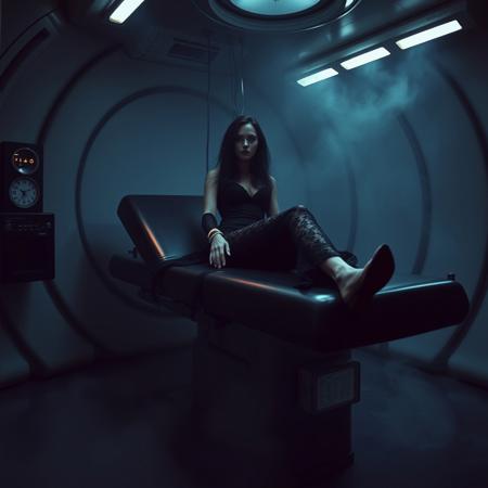 Ethereal, slender, ultra thin waist, tall, raven-haired Norwegian socialite wearing stunning black lace trouser suite and high heels, laying at reclined black examination bed inside weird alien MRT-like brainwashing machine, hand cuffed to the bed, ankles cuffed to the bed. Restrained. Looking to the camera. Eeire fog from the floor. Horror. Alien space harem mind control chamber. Sci-fi. Horror. Total recall