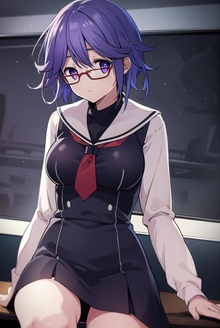 hanakazuki, <lyco:hanakazukiLYCORIStest:1>,
hana kazuki, short hair, hair between eyes, (purple eyes:1.1), purple hair,  glasses,
BREAK long sleeves, dress, school uniform, necktie, black dress, short dress, red necktie,
BREAK looking at viewer, hands behind head,
BREAK indoors, classroom,
BREAK <lora:GoodHands-vanilla:1>, (masterpiece:1.2), best quality, high resolution, unity 8k wallpaper, (illustration:0.8), (beautiful detailed eyes:1.6), extremely detailed face, perfect lighting, extremely detailed CG, (perfect hands, perfect anatomy),