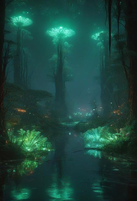 Ultrarealistic. sharp focus, dynamic lighting. play of light, reflection, refraction, Raytracing, Ultra detailed. Alien themed. Alien scenery. alien scenery background. alienworld. A gorgeous female robot in an alien forest. surrounded by ice.enchanting, cosmic, celestial, ethereal, vibrant flora, magical, luminous, serene, dreamy, radiant, bioluminescent, intricate details, surreal, enchanted forest