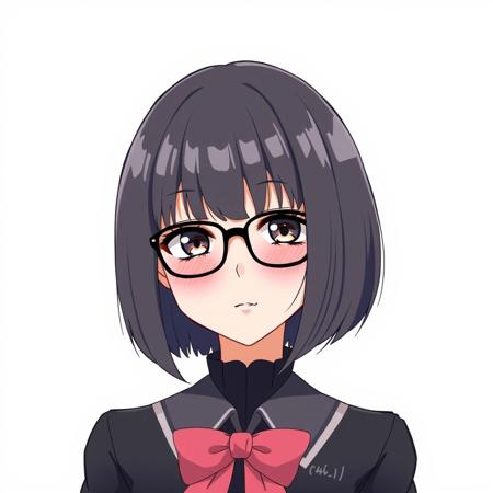 Black hair,  short woman, fringe hairstyle, bob hairstyle, anime, black glasses, pink bow