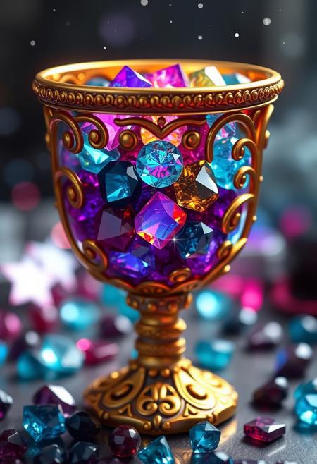 A hyper-stylistic, extremely detailed image depicts an enchanting goblet filled with shiny gems, reminiscent of a Pixar film. The goblet itself is a masterpiece of craftsmanship, with delicate, swirling patterns and a rim that shines like molten gold. The gems inside sparkle and glimmer, each one perfectly placed to create a dazzling display of color and light. Every detail of the scene is meticulously crafted, from the subtle, nuanced colors of the gems to the intricate, textured patterns on the goblet's surface. The overall effect is one of breathtaking, whimsical wonder, as if the viewer has stumbled upon a hidden treasure trove of magic and enchantment. The image is rendered in exquisite detail, with a level of quality that rivals the most beautiful and intricate works of art. highest-Quality, intricate details, visually stunning, Masterpiece
