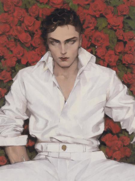 mel odom, book cover, long glossy black hair, muscular, white button up shirt undone, deep tan skin, muscular, composition, geometric, solo, seated,, liminal hazy, cinematic lighting,      sharp crisp detail, masterpiece, best quality, warm tones, fashion magazine pose, haute couture, dramatic, stark, surrounded by roses, perspective, realistic, realism,  male, long eyelashes, blue pupils, leyendecker, bouguereau, classical art