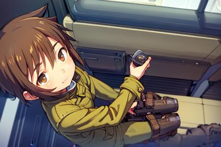 1girl, goggles, short hair, brown hair, green coat, brown pants, boots, riding motorcycle on (train tracks:1.3), from above, open field,