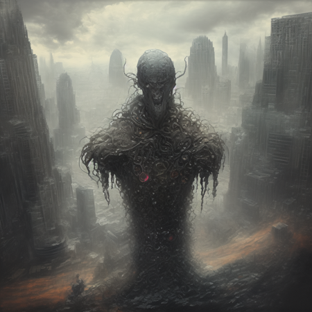 photo, a strange looking creature standing in the middle of a city (megademons style:1) <lora:djzMegaDemonsV21:1>