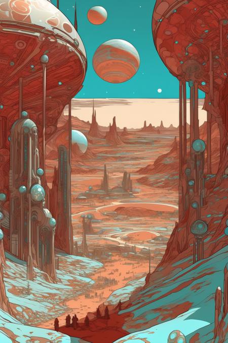 <lora:Kilian Eng Style:1>Kilian Eng Style - An Art Nouveau interpretation of a Martian colony, illustrated in the style of Alphonse Mucha. The colors should reflect the reddish hues of Martian terrain, combined with a futuristic palette of metallic silver, white, and cyan. The lighting should replicate the unique, diffused sunlight on Mars, casting long, ethereal shadows. Compose the shot as a worm's eye view, placing emphasis on the towering biodomes and skybridges, reminiscent of Mucha's tall, slender compositions.