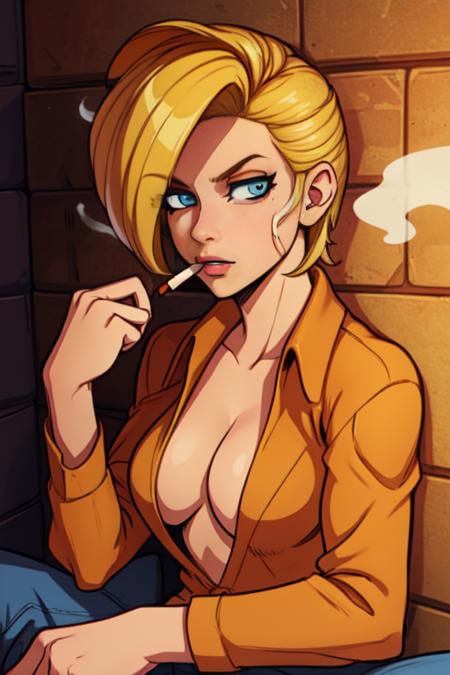 TheConvict, short blonde hair, blue eyes, tired expression,  upper body, cigarette in mouth,  cowboy shot,  solo,   sitting,  smoke,
Orange Jumpsuit with number 10,  no bra,  
prison cell,   
(insanely detailed, beautiful detailed face,  masterpiece, beautiful detailed  eyes, best quality)  <lora:TheConvict:0.7>