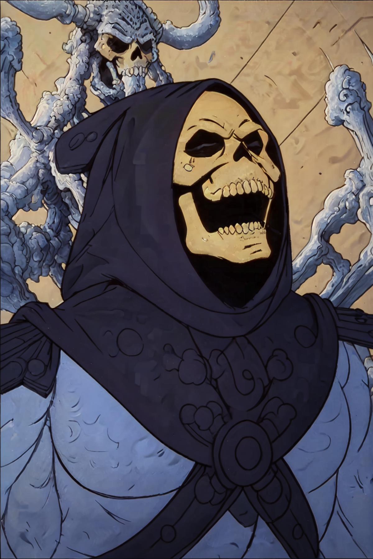 A comic book illustration of a skeleton wearing a hooded cape and laughing.