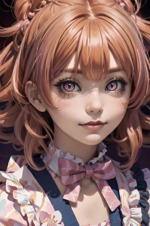 a portrait of a beautiful kawaii anime girl with shocking neon electric pink and orange curly mop of hair, large detailed ...