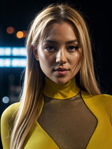 (sfw!), (closeup:1.2!), blkblsm, A RAW photo of a beautiful blonde woman, (yellow long sleeve turtleneck dress:1.2!), (futuristic_city_street with neon_lights!), (skyscrapers), (raining!), HDR, UHD 8K, full detail, detailed face, soft lighting, film grain, photorealistic, 8K, UHD, DSLR, (cinematic:1.4), <lora:epiNoiseoffset_v2:0.6>,  <lora:add_detail:0.7>