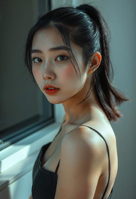 DSLR-style, slender, elegant 26-year-old Korean model, translucent pale skin with natural texture, soft shadow on cheek, diffused daylight from side, parted lips, clean background, solo, masterpiece, ultra high-res  
<lora:NOOB_vp1_detailer_by_volnovik_v1:1>
barely visible pores, subtle skin texture variation, translucent skin tone
masterpiece, best quality, highly detailed, score_9, score_8_up, score_7_up, score_6_up, score_5_up, score_4_up, Expressiveh
BREAK,
solo, vietnamese, ((asian)), 18 year old girl, cute face, (blue eyes:0.5), (bold eyeliner:0.5), , flawless skin,, (fit body), (wide waist), perfect ass, (black hair), , medium breasts, perky breasts, perfect breasts, , perfect face, medium length hair, 
BREAK
indoors, black dress, underboob cutout, pencil skirt, high ponytail, camisole dress, window, window fog,windowsill, spaghetti straps