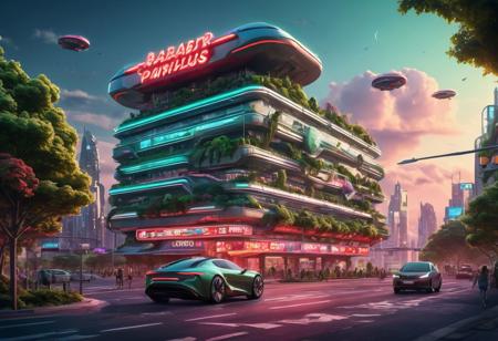 a futuristic city, building with luminous neon sign, huge screen with advertissement, very populate, road in sky , flying car, photorealistic, green and red tint, ecologic city with tree and flower, glowing lights, very detailled, very realistic, vegetation on roof and facade