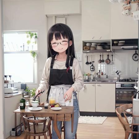 best quality, ultra-detailed, illustration,
JPkitchen, scenery, table, chair, sink, kitchen, plant, indoors, window, refrigerator, frying pan, bottle, shelf, spatula, door, basket, plate, cup, stool, wooden floor, curtains,
1girl, glasses, black hair, long hair, white sweater, denim, jeans, apron,  happy, smile, closed eyes, looking at viewer, 
 <lora:JAPAN_kitchen_SD15_V1:1>