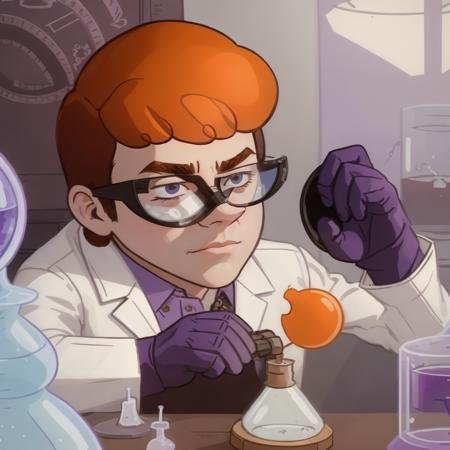 (masterpiece), (extremely intricate), photo of a boy scientist, orange hair, glasses, purple gloves, white closed lab-coat, working in a laboratory (perfect composition:1.4), aspect ratio 1:1, detailed face and body, award-winning photography, margins, detailed face, intricate, high detail, sharp focus, dramatic, 8k  <lora:dextr95_V12:0.75>