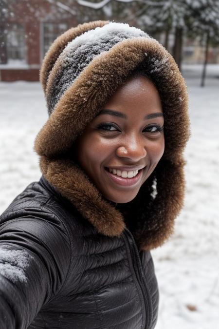 african women having fun taking selfies in the snow, beautiful, happy, excited, detailed skin, realistic skin, (award winning:1.2),(photoreal),(uhd),(8k), snow in her hair, snow on her body, natural face, blizzard, snow, falling snow