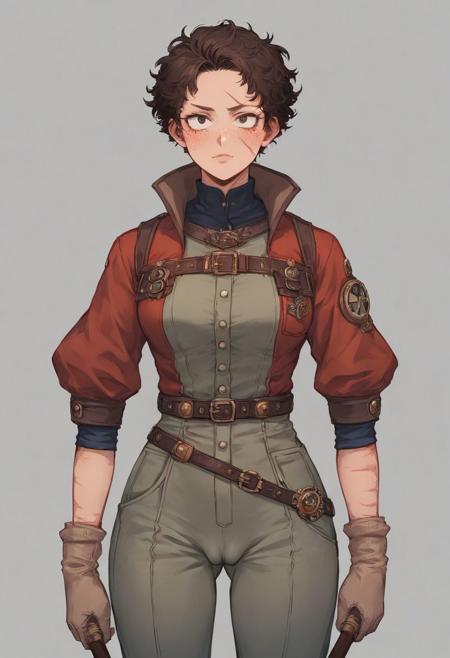 score_9,score_8_up,score_7_up,score_6_up, 30 years old woman, explorer woman, archeologist, young tough woman, wearing a beige vintage jumpsuit, trouser suit, dark red puffy sleeve shirt, dark academia, brown short curly hair, puff sleeves, vintage outfit, classy jumpsuit, trouser suit, feminine, elegant, sexy, skimpy, sultry, ((cameltoe)) , p0k13s, pokies, steampunk googles, wielding goggles above eyes, scar on face, scarred face, freckles, burn scars