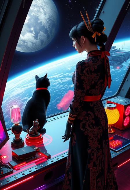 A sleek black cat with red collar sits on a cluttered metal riveted desk with transparent top and rgb led computer components visible inside, On the desk are a maneki neko statue and a lava lamp, the Black Cat is looking out of a seamless and futuristic floor to ceiling window that looks out at a planet from low orbit, (((a beautiful woman fully visible, 24 years old, is standing looking out the window, the woman is dressed in an ornate Japanese style futuristic formal gown (semi-risque) . An enormous deco-cyberpunk starship with futuristic lighting and an enormous space station are visible in the background among the stars, The woman's hair is pinned up with exquisite gold and jeweled chopsticks, and an artistic ribbon that contrasts perfectly with the gown. Artistic cyberpunk, dynamic perspective, (((overall architectural aesthetic is Art Deco Cyberpunk))).