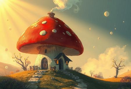 A lone cottage built into a colossal red-capped mushroom, smoke curling from its chimney as warm sunlight filters through drifting spores. Cozy and enchanting atmosphere, in the styles of Eyvind Earle, Pascal Campion, and Mary Blair.