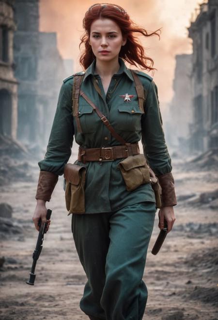 Beautiful Soviet woman soldier in WWII style, Intricately Designed Soviet brown military uniform, ultra-realistic body, realistic dirty face, bloody battle full of dirt and blood, fighting position, wavy red hair, Realistic blue eyes, big beautiful pupils, 8K, fire, dramatic war atmosphere, cinematic lighting