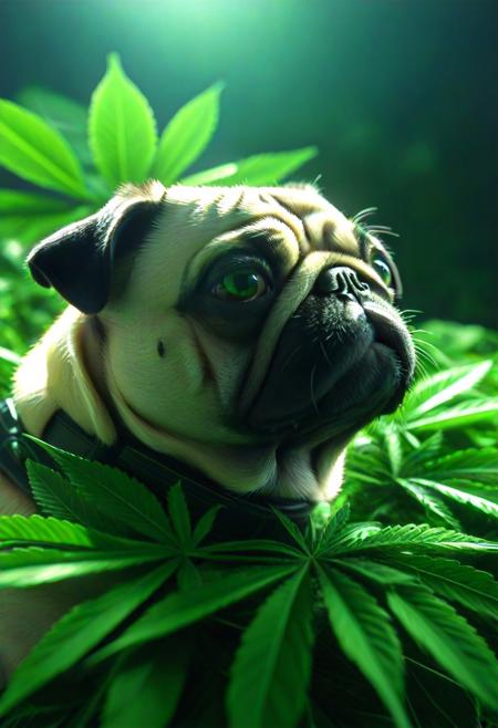 420futurism, closeup shot, from side, pug made of leaves, pug made out of leaves, green leaves, cinematic, cinematic lighting, (masterpiece, best quality:1.4), ultra-high res, 4k, Photorealistic, insanely detailed, sfw,