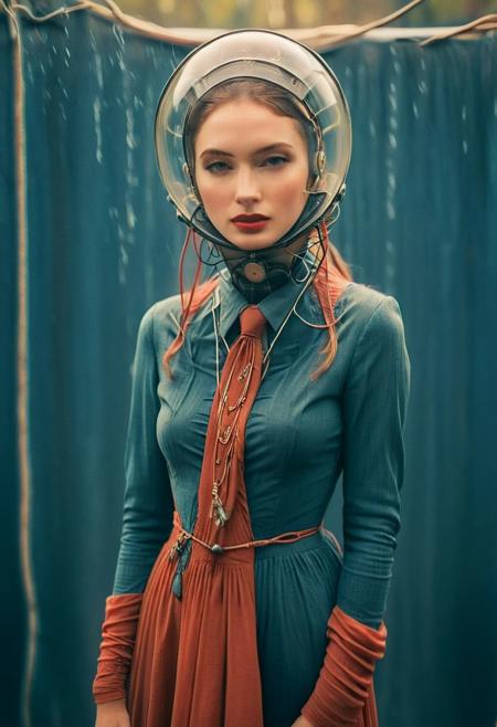 Create an image of an female Slender translucent dark-red skinned female, Long billowing dress Made of cables and hoses, standing at a corner, peeking out curiously. It is wearing a vintage suit with a hat and tie. The colors of the image should be vibrant dark-blue water, giving it a vintage look. The background is a downtown area on a sunny morning, with birds visible in the scene.
 volumetric lighting, atmospheric haze, Film grain, cinematic film still, shallow depth of field, highly detailed, high budget, cinemascope, moody, epic, OverallDetail, gorgeous, 2000s vintage RAW photo, photorealistic, candid camera, color graded cinematic, atmospheric lighting, skin pores, imperfections, natural, shallow dof,