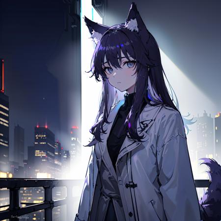 , (((masterpiece, best quality))), (((2girls))),(girls, elderly girls, beautiful girls, 2_girls, cute cirls),(((slice of life))),(((masterpiece, best quality, extremely detailed, highres, 8k, wallpaper))) , (((wolfgirl))),(((animal ears))), ((wolf ears)),((wolf tail)), ((cyberpunk)), (((night time))), (((dark hair, purple hair, violet hair, long hair, big eyes, grey eyes,beautiful grey eyes, beautiful face, deep blue inner color, grey hair, coat, black coat, rooftop))), (((coat, white coat, pantyhose, white, white pantyhose))) (((night, night time,outdoors, dark, city, cityscape, neon lights, streets, midnight, highway, flare, lens flare, cyberpunk, street lamp, crowd))), ((rain, wet, lights, bloom, lens effect, sea of lights, fog, mist)),(((talking, speaking, relaxed, relax))), (anime character), (((high contrast))), backlighting, <lora:backlighting:0.4>, <lora:coloricher:1>