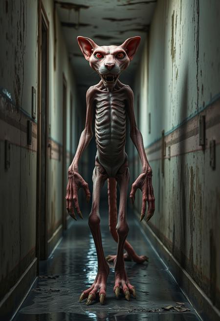 score_9, score_8_up, score_7_up, score_6_up, depth of field, highly detailed, BREAK Pink Panther, malnourished, skinny, bony, sunken eyes, dirty matted fur, mange, patches of fur missing, scabs, claw marks, anaemia, bones visible under flesh, glowing red eyes, long mangled claws, long mangles finger nails, hyper realistic hands and feet, long gnarled teeth, long arms, long fingers, malformed, extremely narrow waist, hipbone visible, ghoulish,no human, 
BREAK in a long hallway stands the Pink Panther, this Pink Panther is a twisted creature unlike his well known counterpart,  Pink Panther is standing in a doorway, menacingly, with his hands by his sides, his hands reach and are dragging on the floor, Pink Panther is walking towards the viewer at the other end of the hallway, the building is dilapidated with water damage, water is dripping from the ceiling and running down the walls, it is dark, low lighting, mold is growing on the walls, this building has been abandoned and condemned,
 night,  doorway,,low key,dramatic lighting, film grain,