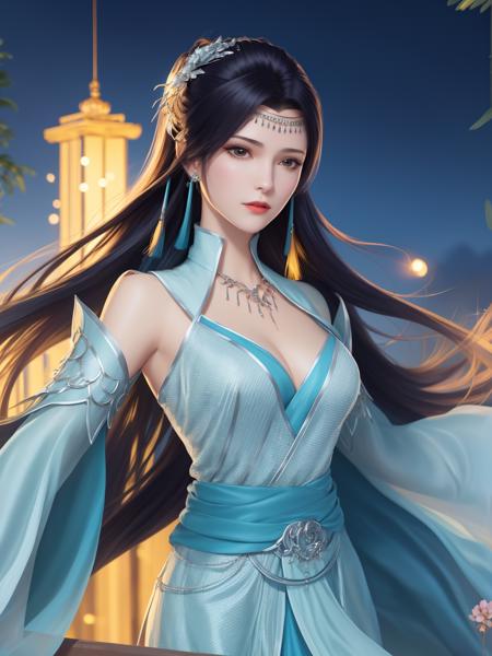 <lora:DPCQyunyunCF_20230801181044:0.8>,1girl, mature female, night, cityscape, looking at viewer, jewelry, long hair, hair ornament, dress, earrings, necklace, low ponytail, sash,cowboy shot, tassel earrings, forehead jewel,belt,capelet,armor, (shoulder armor:1.1), trim,long sleeves, open jacket, rope belt, collar,