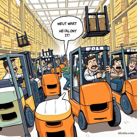 A humorous illustration of chaotic Forklift warehouse workers moving recklessly in different directions, looking disorganized and exaggeratedly clumsy. In the background, a terrified pedestrian flees with a comically exaggerated expression of fear. Bublle say "Molina" The scene is set in a bright warehouse environment, drawn in a colorful, cartoonish style, emphasizing exaggerated features and comic elements."