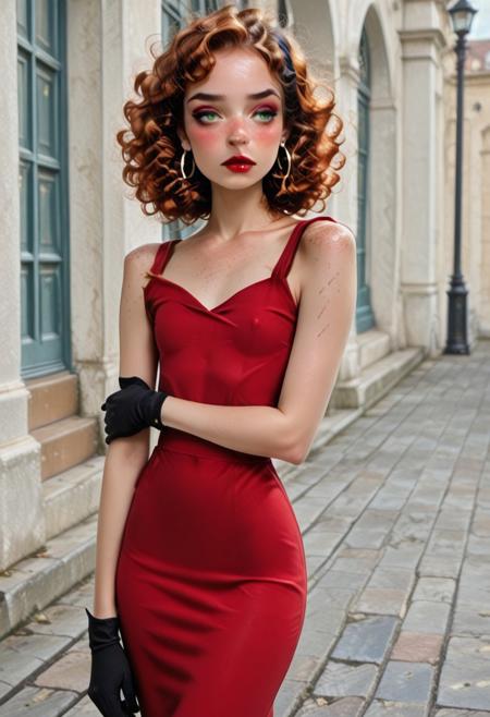 park setting, outdoors ,sunshine, beautiful, solo, 1 girl, Sandy, freckles, curly hair, long ginger hair, makeup, red lipstick, eye shadow, hoop earrings, green eyes, looking at viewer, lips slightly parted, tight waist, freckles on shoulder and chest, tiny breasts, shy, cute, skinny, petite, delicate,  red dress, black gloves, crossed arms, eyebrow raised
