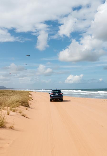 Car running on sandy beach, You can see the ocean, emphasizing the perspective, expanding the area near the distant area, waves, swaying grass and flying birds, shadows on the clouds, the car is positioned based on the golden ratio, movement, savannah wilds, arid prairie, detailed scenery, clouds, 
best quality, sharp focus, high contrast, colorful, ultra quality, 8k, best quality,