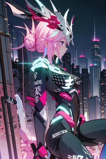 sakura neon, 1girl, solo,spread legs,armor,mask on head, cityscape,,night,tokyo \(city\), <lora:sakura_neon-000009:1>