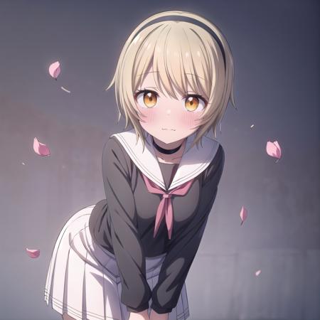 short hair,blonde hair,orange eyes,blush,white skirt,school uniform,hairband,black hairband,choker,sailor collar,long sleeves,white sailor collar,bangs,black shirt,black choker,ribbon,serafuku,shirt