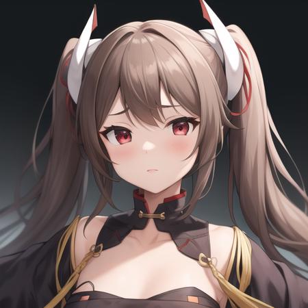 (masterpiece, best quality:1.2),absurdres,highres,1girl,solo,upper body,(portrait:1.2),haruna (azur lane),bangs,belt,belt buckle,black dress,black thighhighs,brown hair,collarbone,eyebrows visible through hair,long hair,long sleeves,loose belt,oni horns,red eyes,short dress,swept bangs,tassel,twintails,white belt,white gloves,wide sleeves,zettai ryouiki,<lora:Haruna(azur)>,